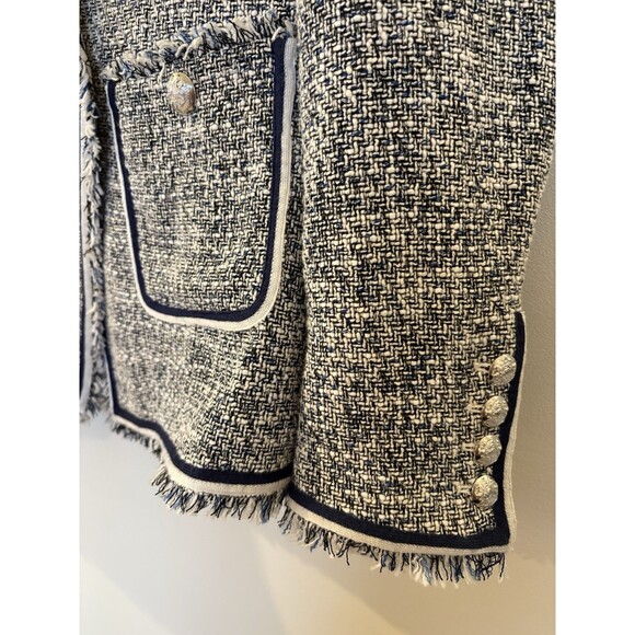 Veronica Beard Theron Tweed Fringe Navy White Frayed Trim Career Blazer Size 12 - Picture 6 of 9